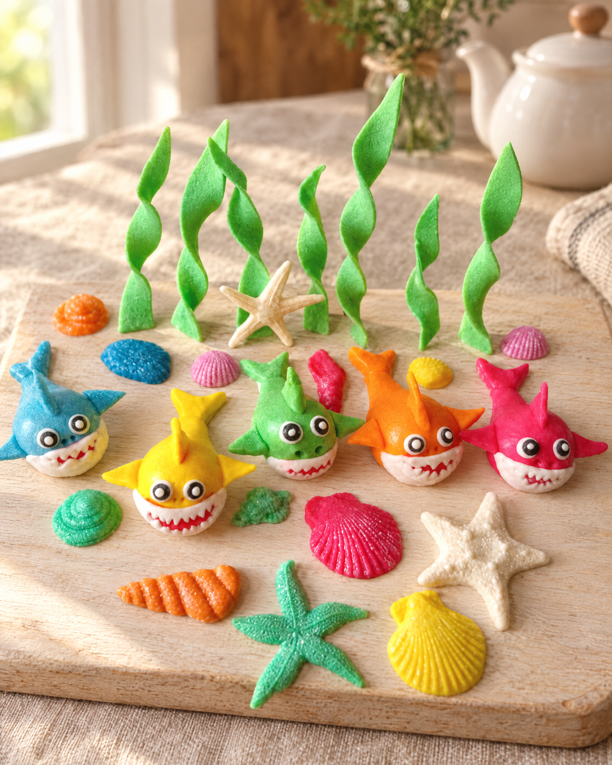 Shark Party Personalised Cake Topper Set laid out on a wooden board