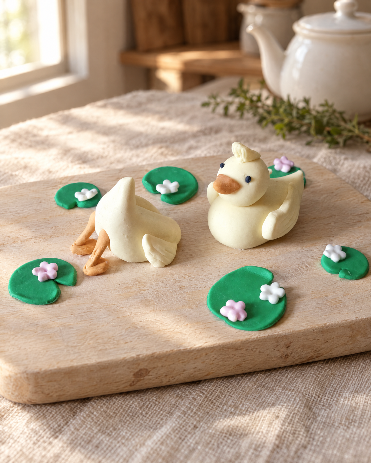 Ducks in the Pond Cake Topper Set laid out on a wooden board