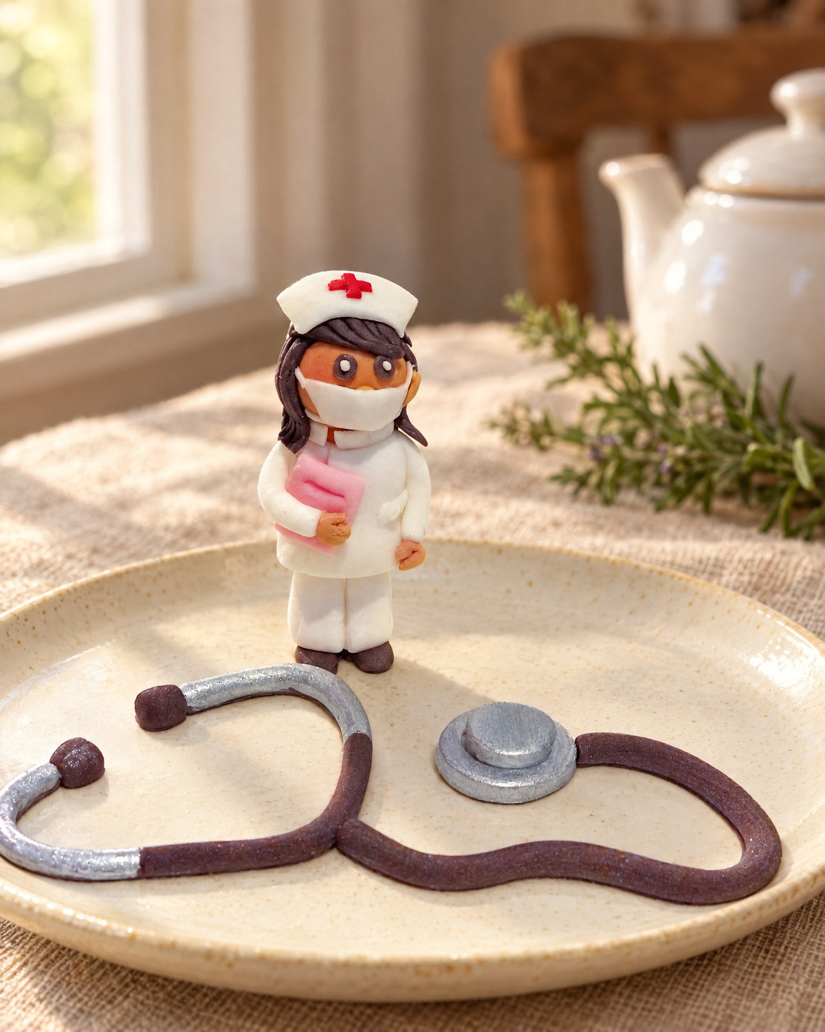 Nurse and Stethoscope Cake Topper on a linen tablecloth