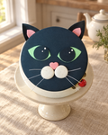 Black Cat Face Cake Topper Set on a cream cake stand