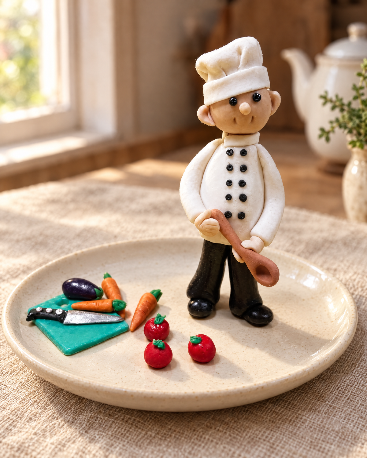 Chef Figure Cake Topper Set on a cream plate