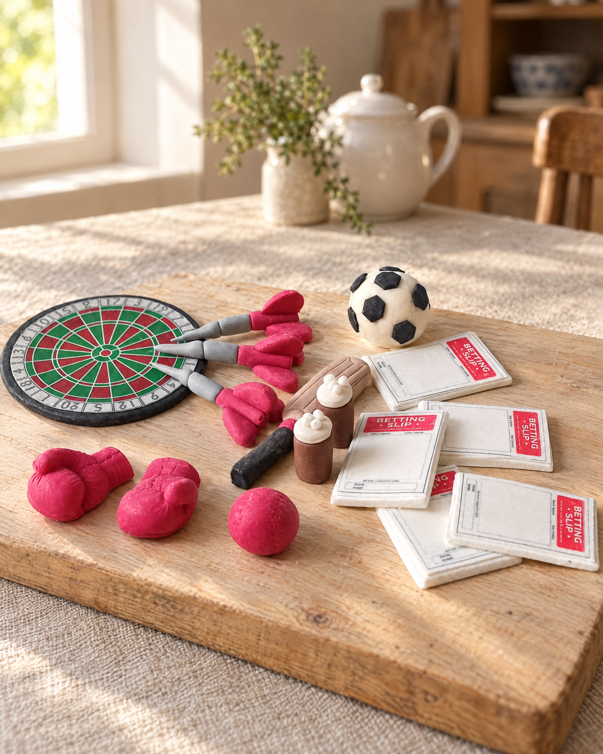 Sports and Pub Cake Topper Set laid out on a wooden board