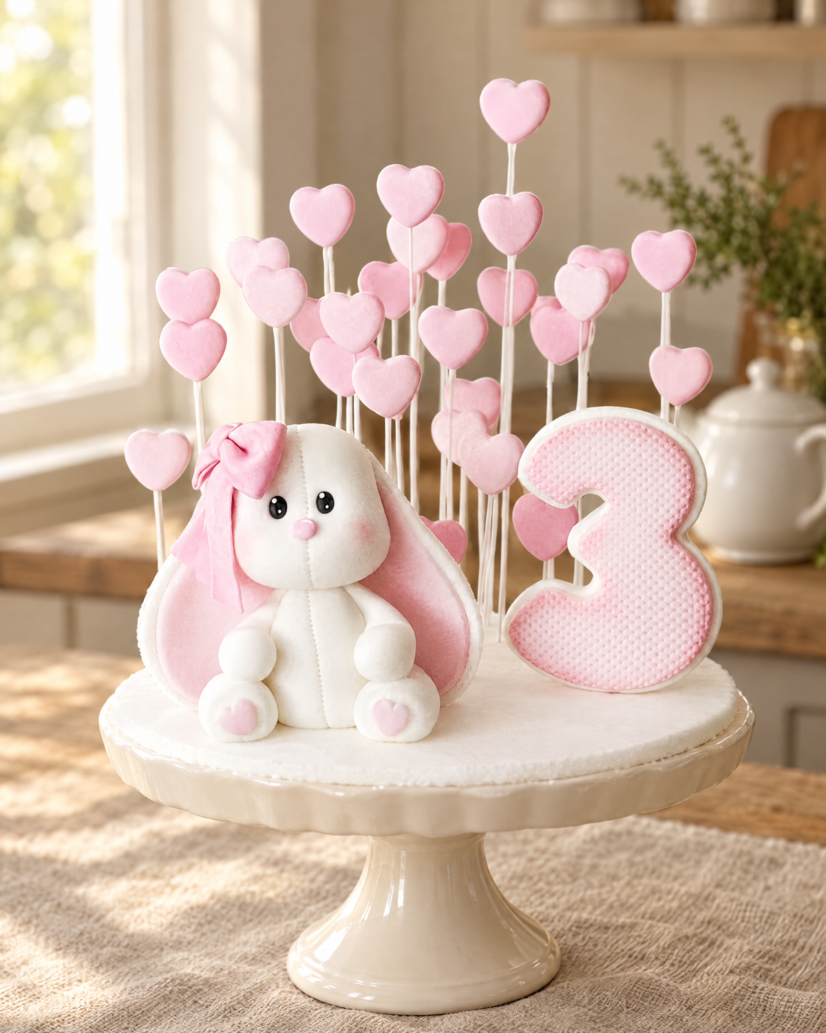 Bunny and Hearts Personalised Cake Topper on a cream cake stand