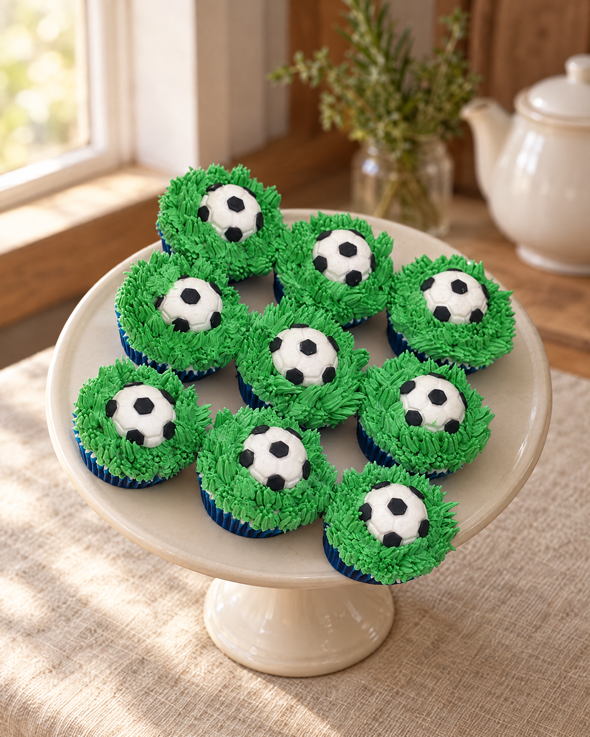 12 Football or Gym Cupcake Toppers on a cream cake stand