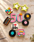 80s Retro Disco Cake Topper Set laid flat on a wooden board