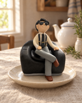 Man in Armchair Cake Topper on a cream plate