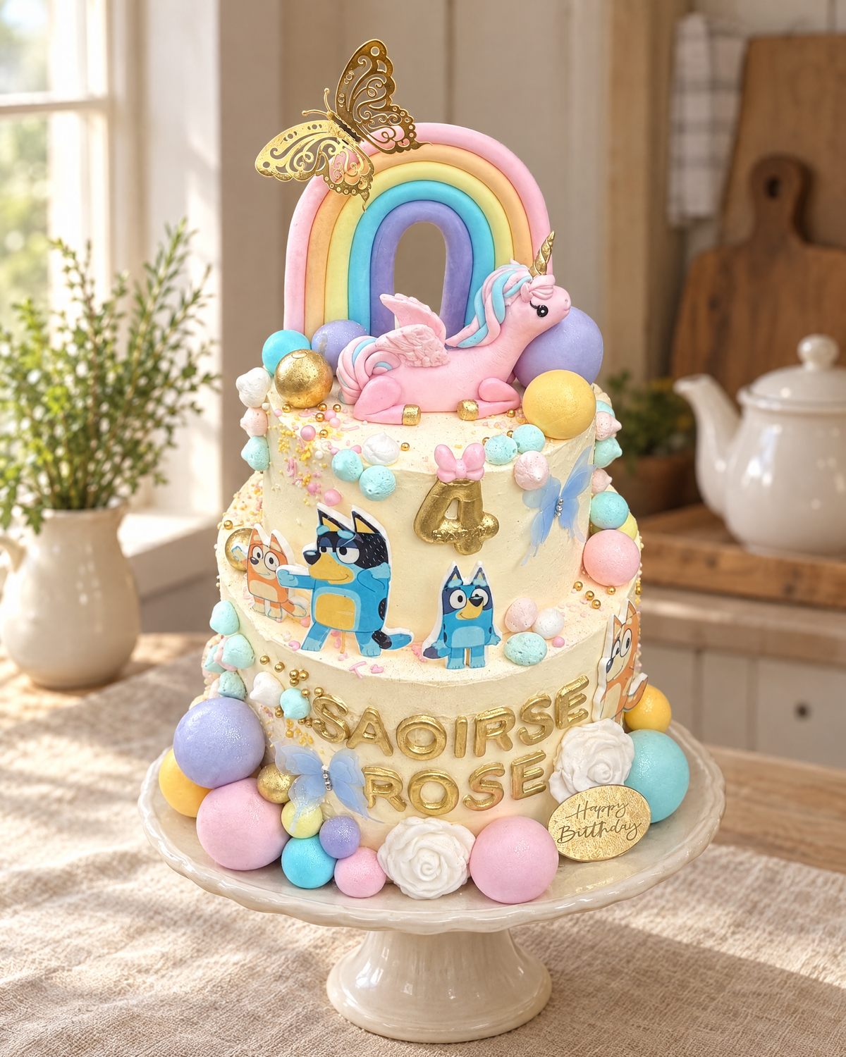 Unicorn and Rainbow Personalised Cake Topper on a cream cake stand