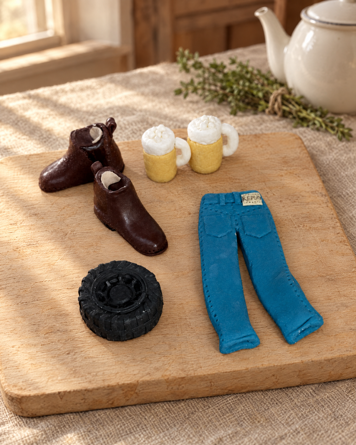 Cowboy Boots and Jeans Cake Topper Set laid out on a wooden board
