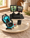 Gaming Desk and Chair Cake Topper Set on a cream plate