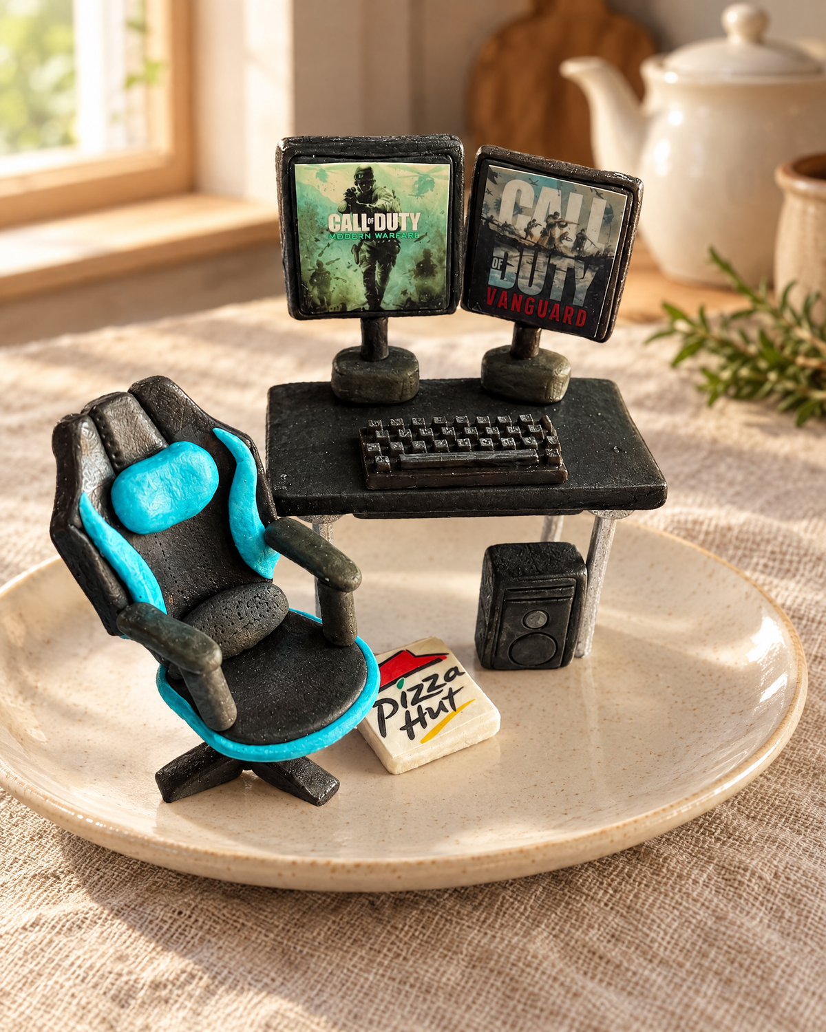 Gaming Desk and Chair Cake Topper Set on a cream plate