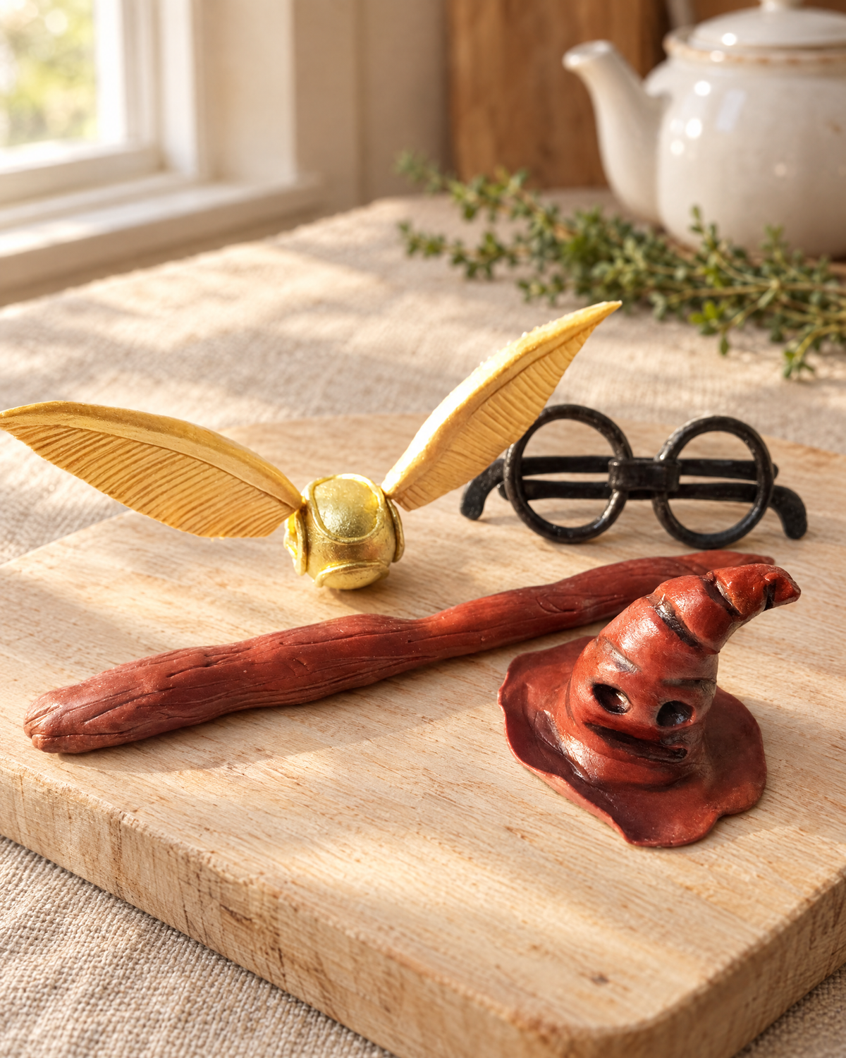 Harry Potter Inspired Cake Topper Set laid out on a wooden board