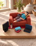 Man on Sofa Cake Topper Set laid out on a wooden board