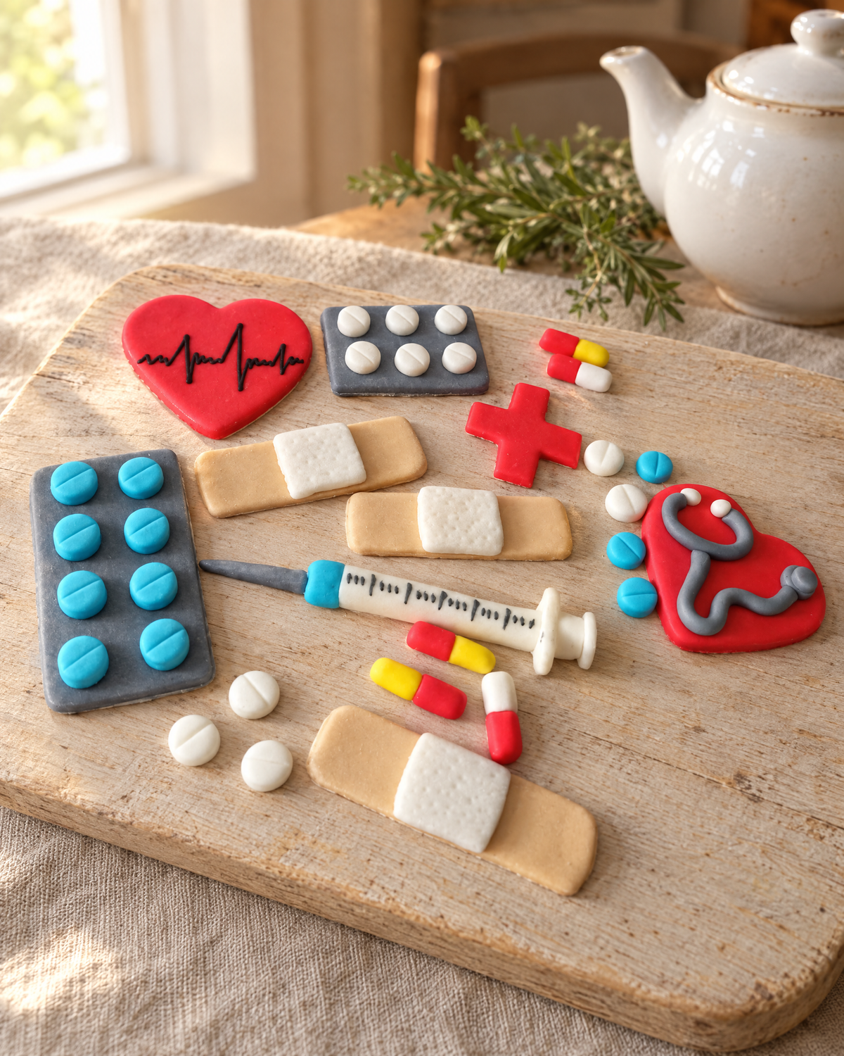 Doctor and Nurse Cake Topper Set laid out on a wooden board