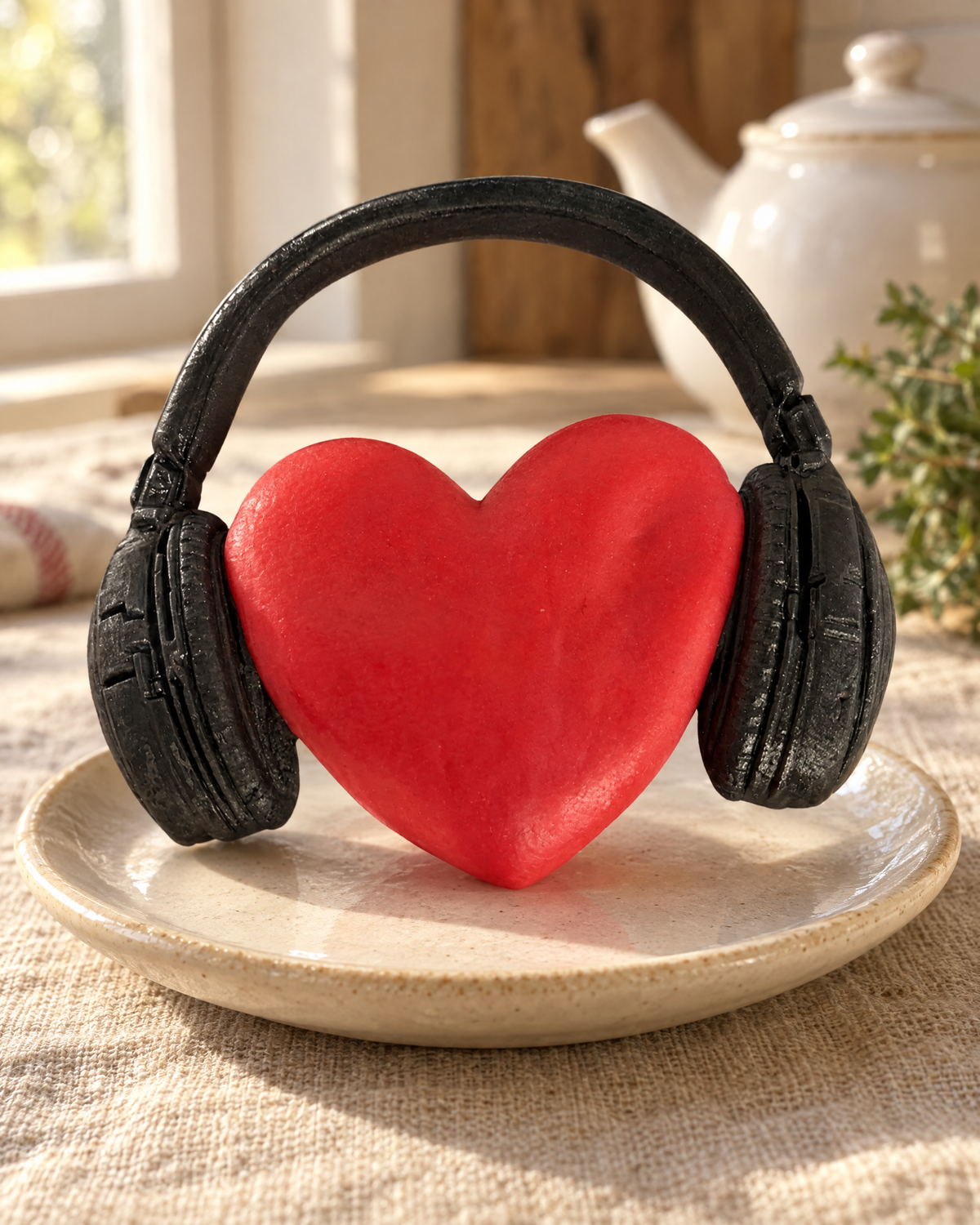 Heart with Headphones Cake Topper on a cream plate