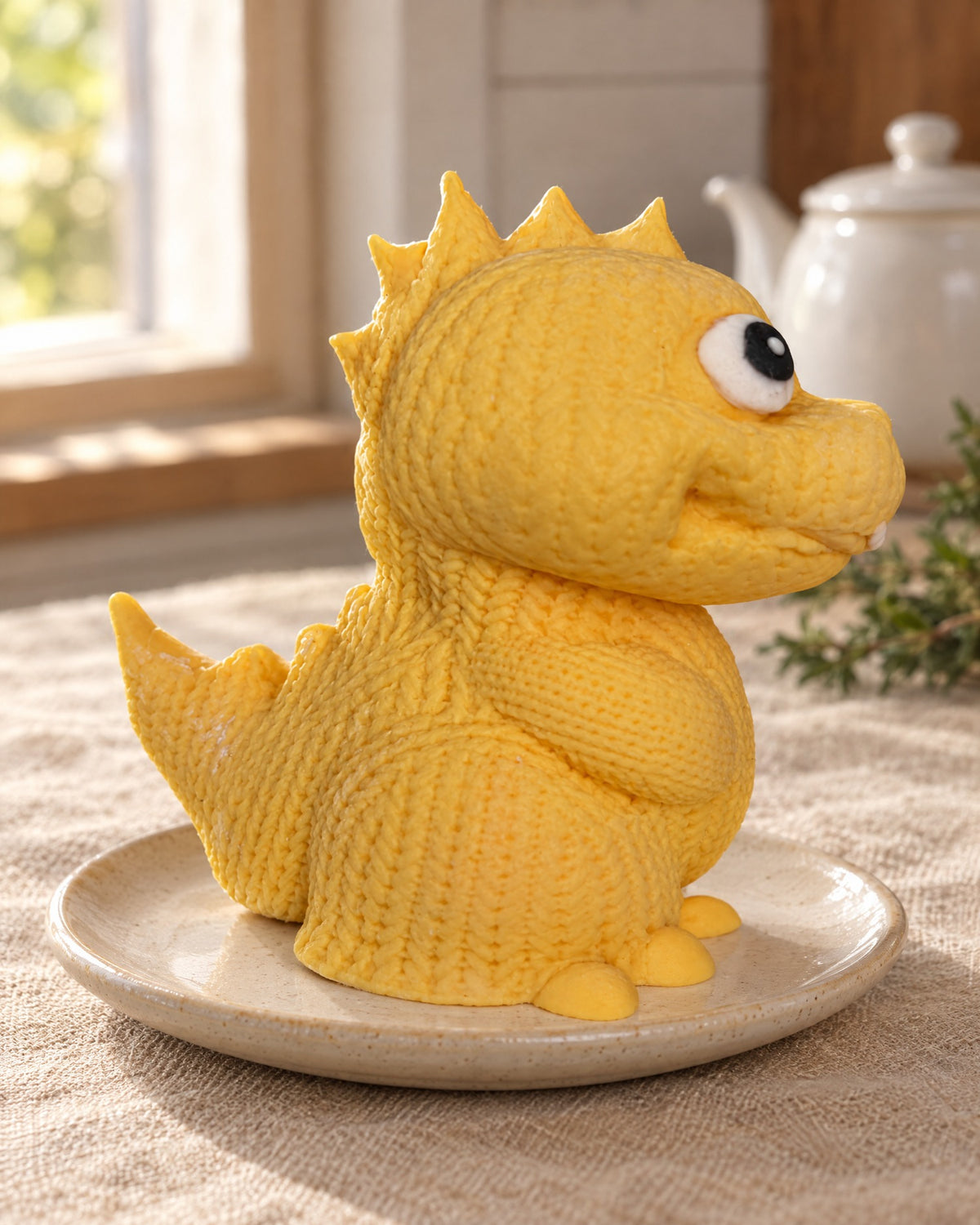 Knitted Dinosaur Cake Topper on a linen tablecloth