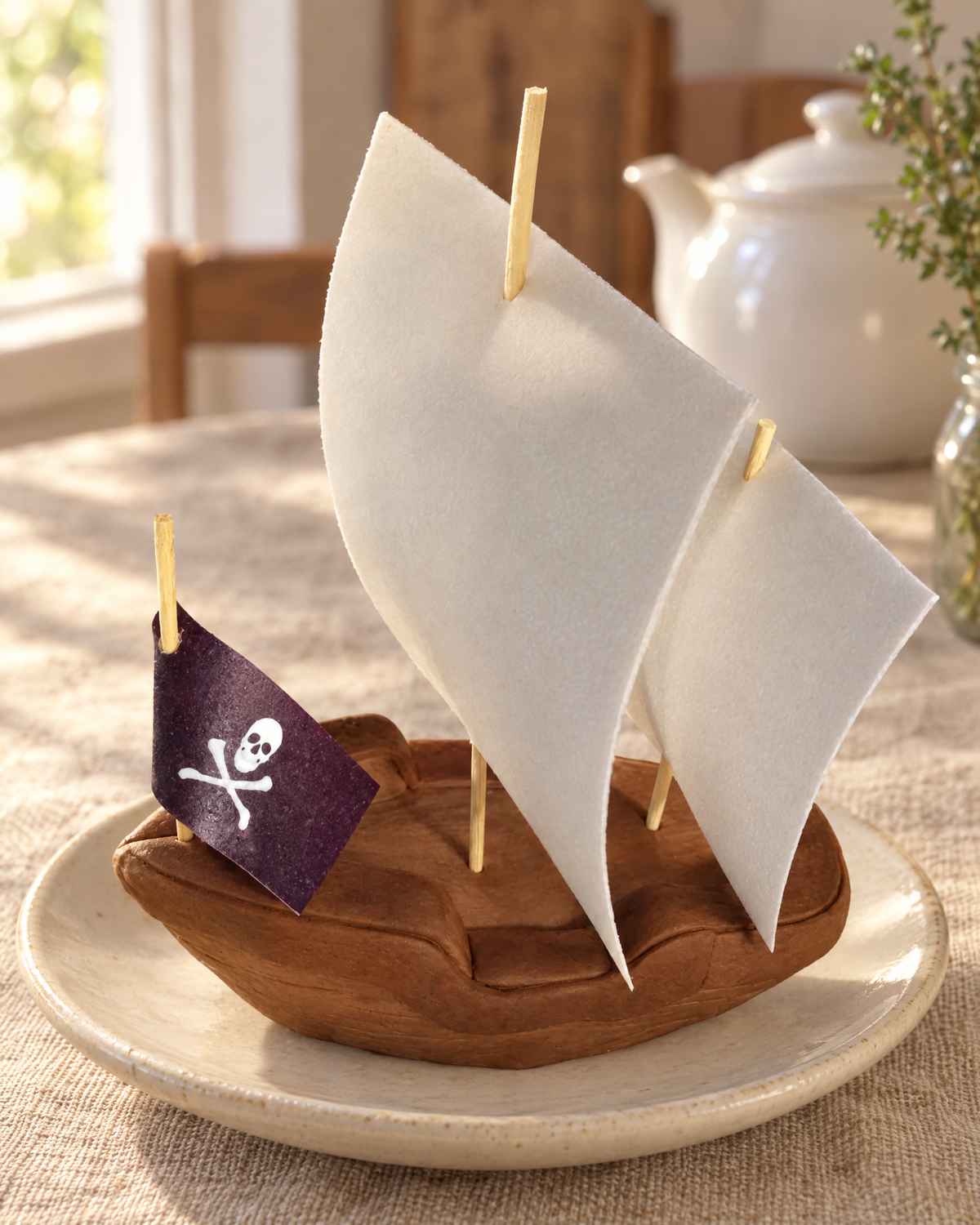 Large Pirate Ship Cake Topper on a cream plate