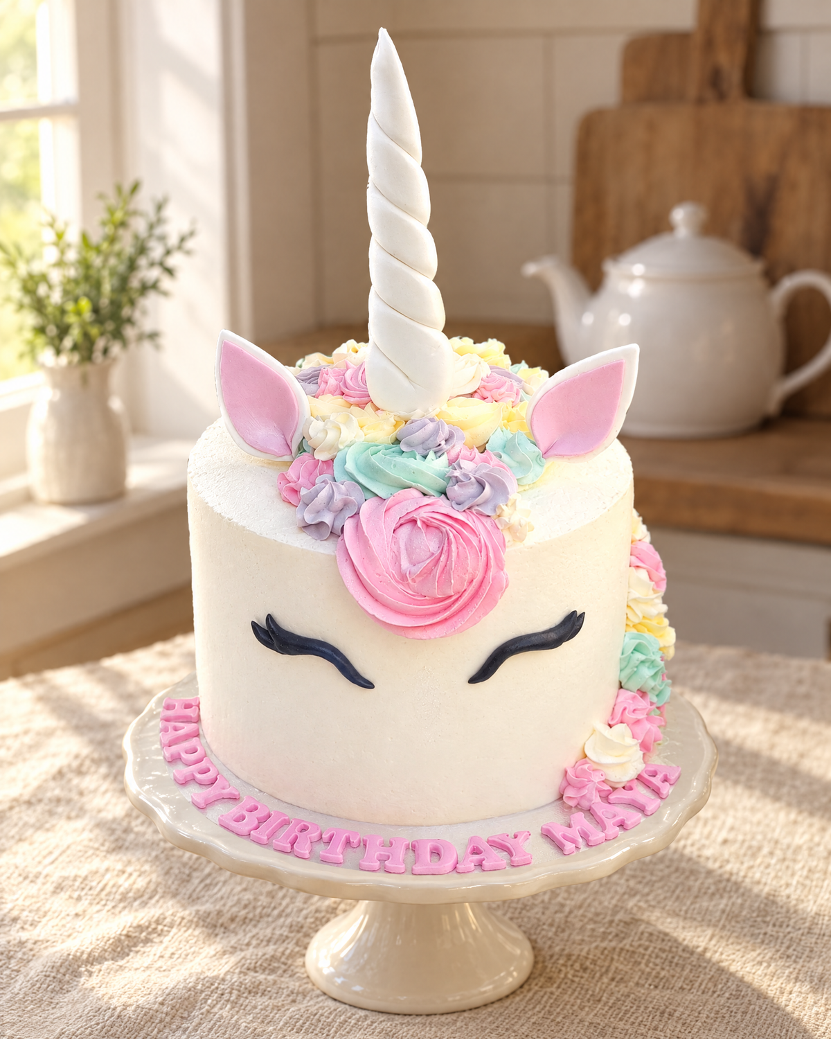 Unicorn Horn and Ears Personalised Cake Topper on a cream cake stand