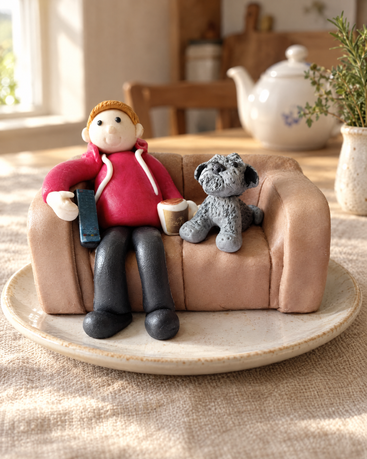 Man and Dog on Sofa Cake Topper on a cream plate