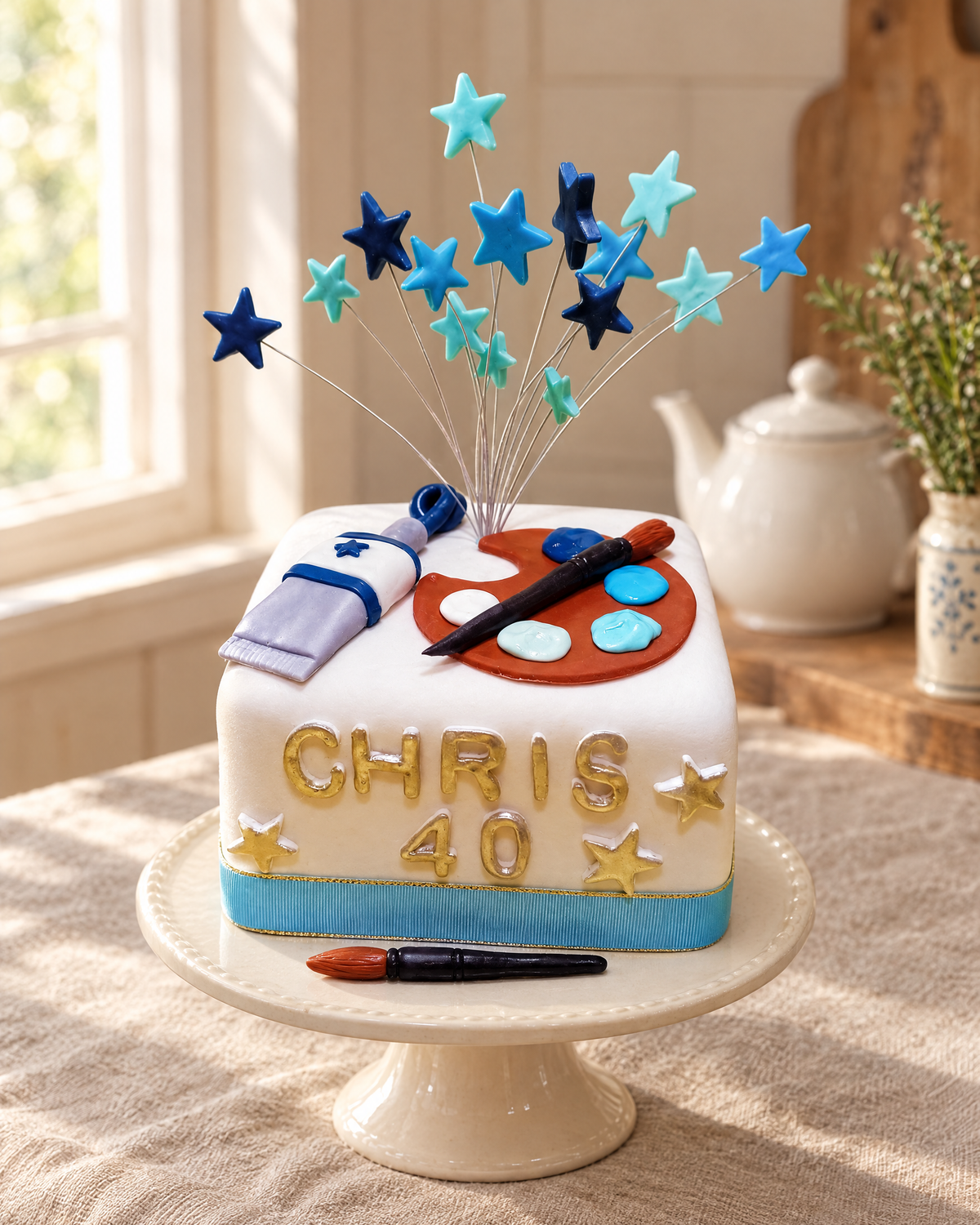 Art and Painting Cake Topper Set on a cream cake stand