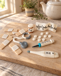 Doctor Medical Cake Topper Set laid out on a wooden board