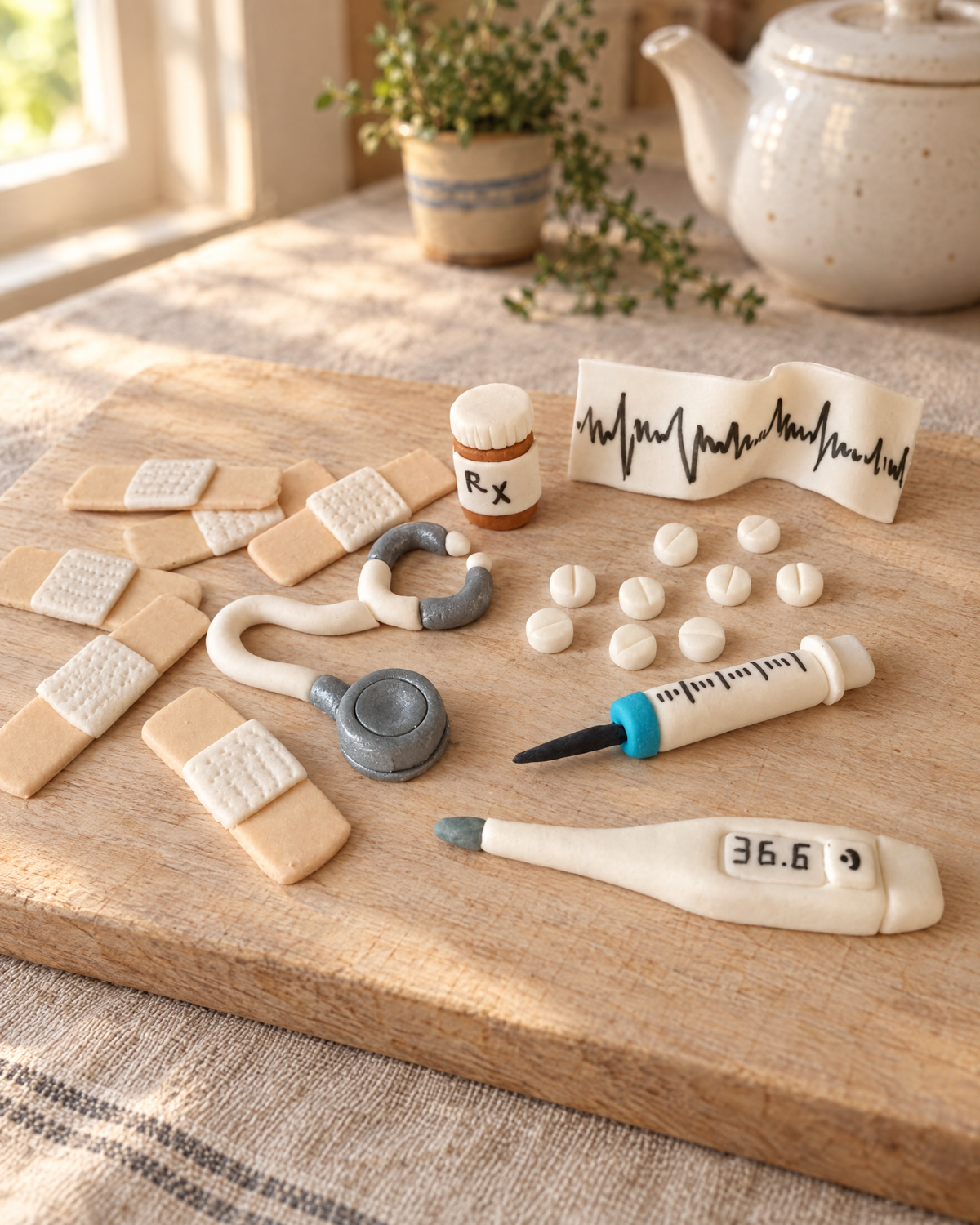 Doctor Medical Cake Topper Set laid out on a wooden board
