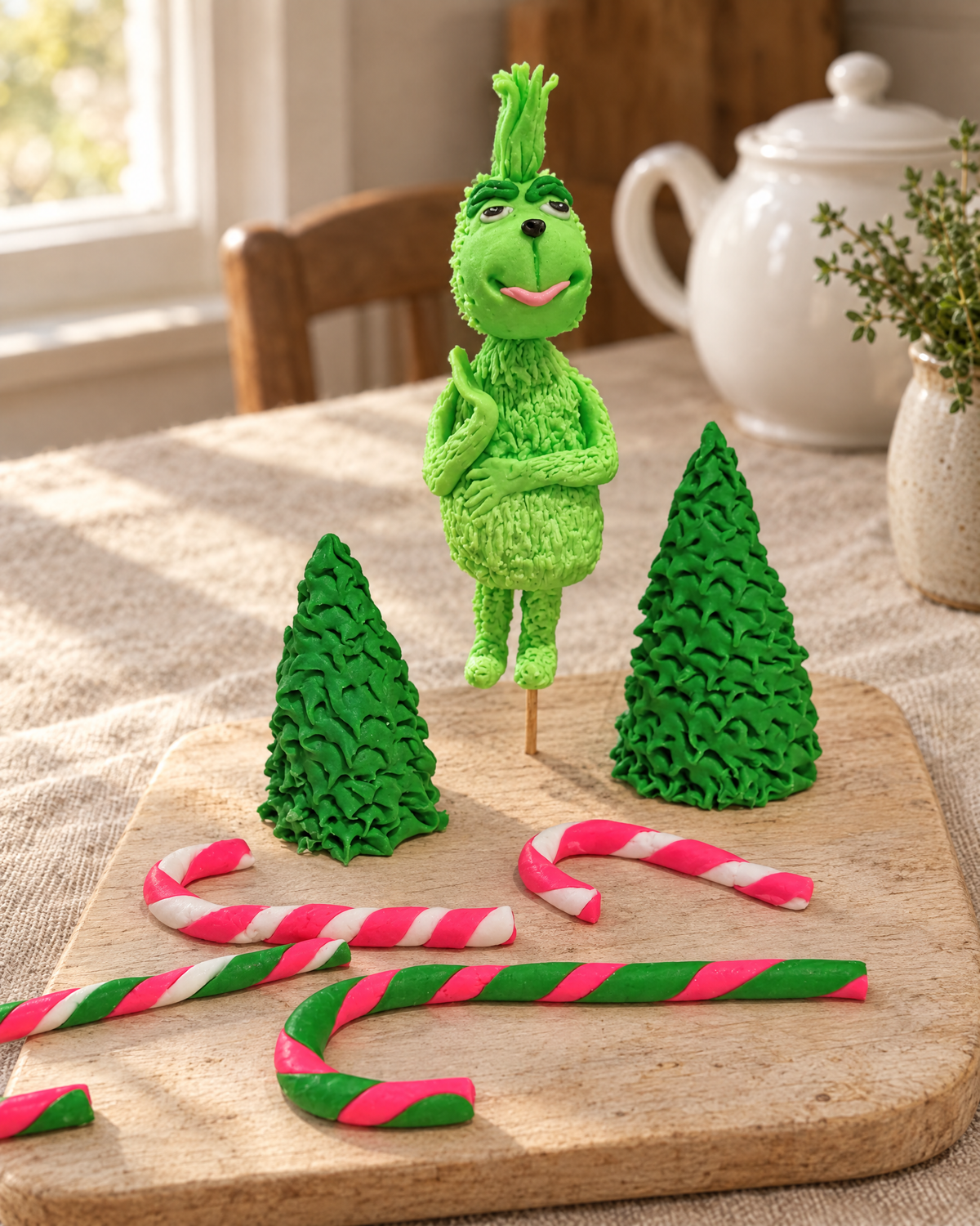 Grinch Cake Topper Set with Trees laid out on a wooden board
