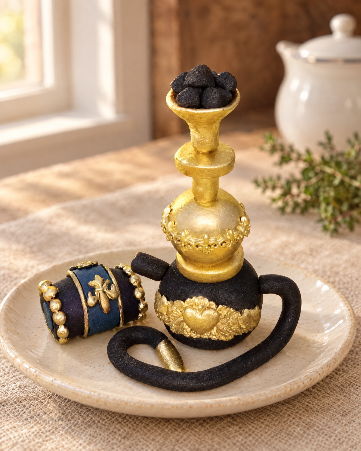 Shisha Pipe and Drum Cake Topper on a cream plate