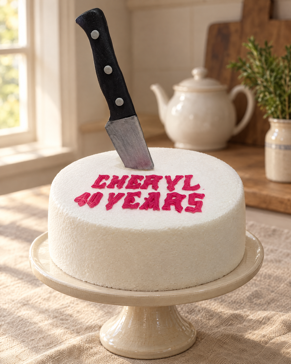 Knife Personalised Cake Topper on a cream cake stand