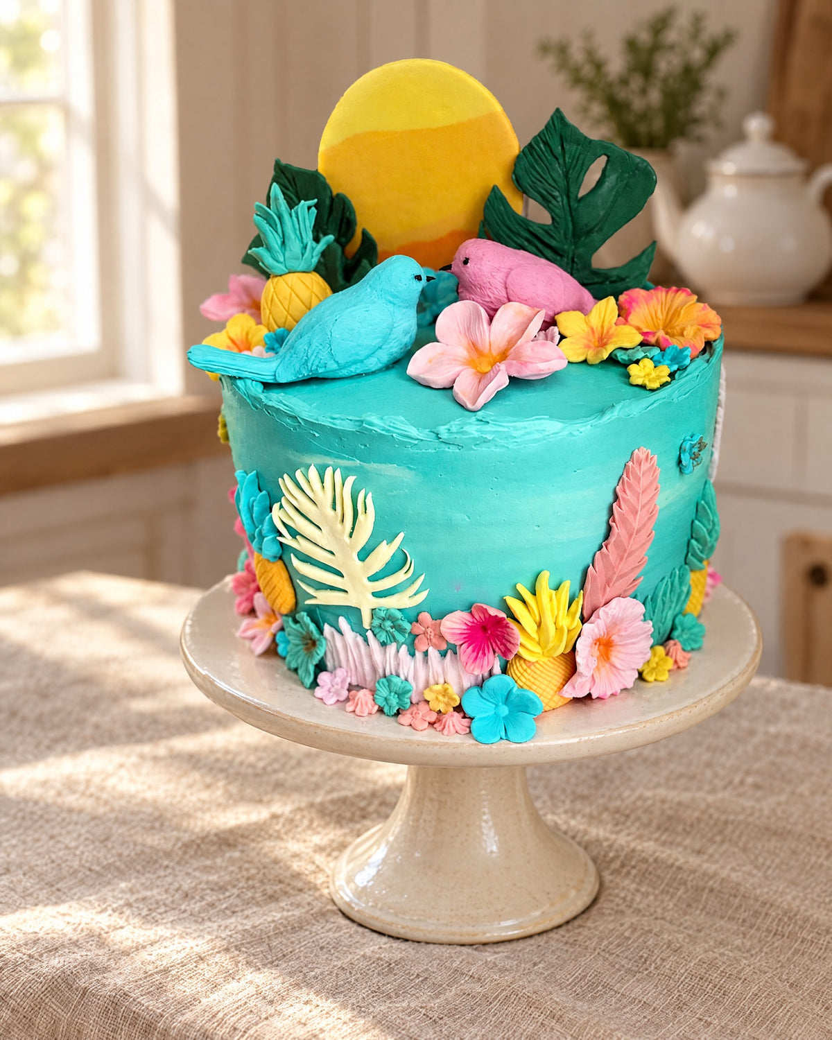 Tropical Birds and Flowers Cake Topper Set on a linen tablecloth