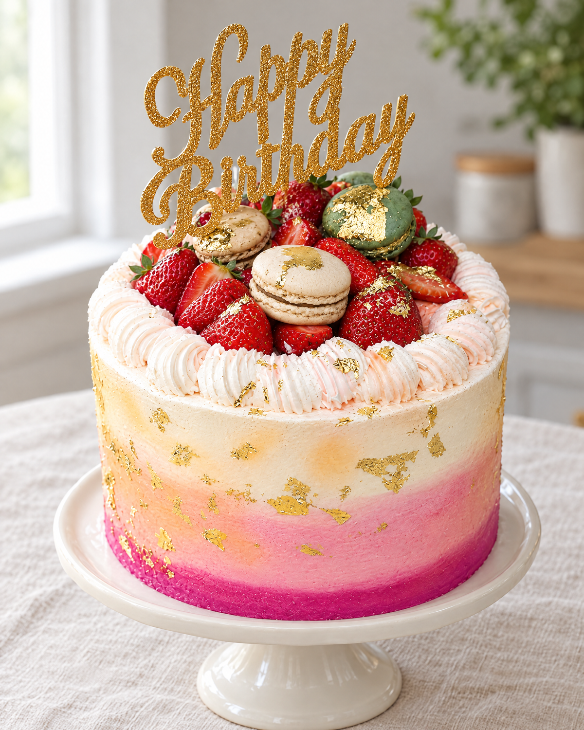 Macaron Gold Leaf Birthday Cake: a pink ombre cake with gold leaf, piped cream border, strawberries and macarons on top and a gold Happy Birthday topper