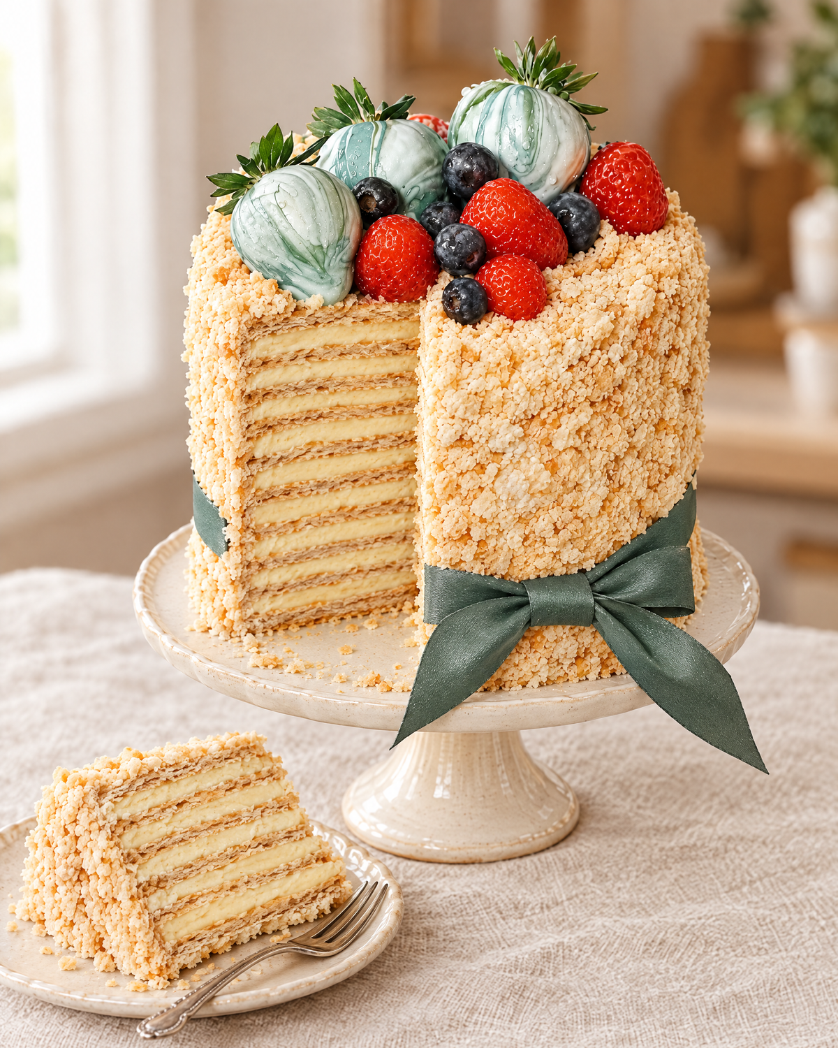 Napoleon Berry Cake with a slice cut out to show the thin pastry layers and cream, the slice served on a plate in front