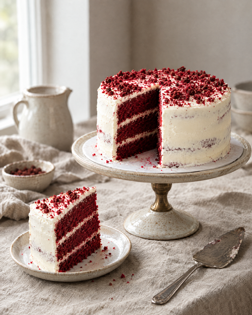 Red Velvet Cake cut open to show three red sponge layers and cream cheese frosting, topped with red velvet crumbs, with a slice on a plate