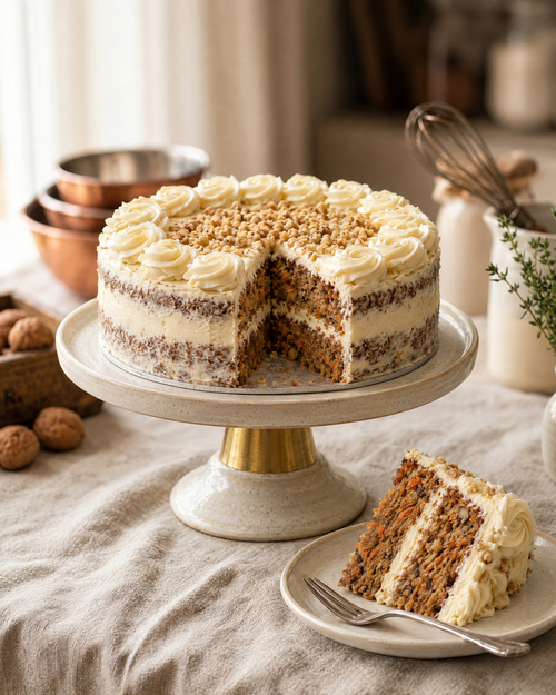 Traditional Carrot Cake with a slice cut out to show the sponge layers and frosting, the slice served on a plate in front